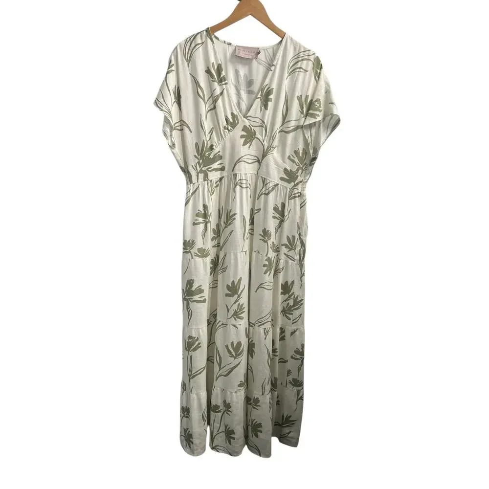 White Closet Elements Linen Blend Cream Olive Green Empire Waist Maxi Dress XL - Picture 3 of 12